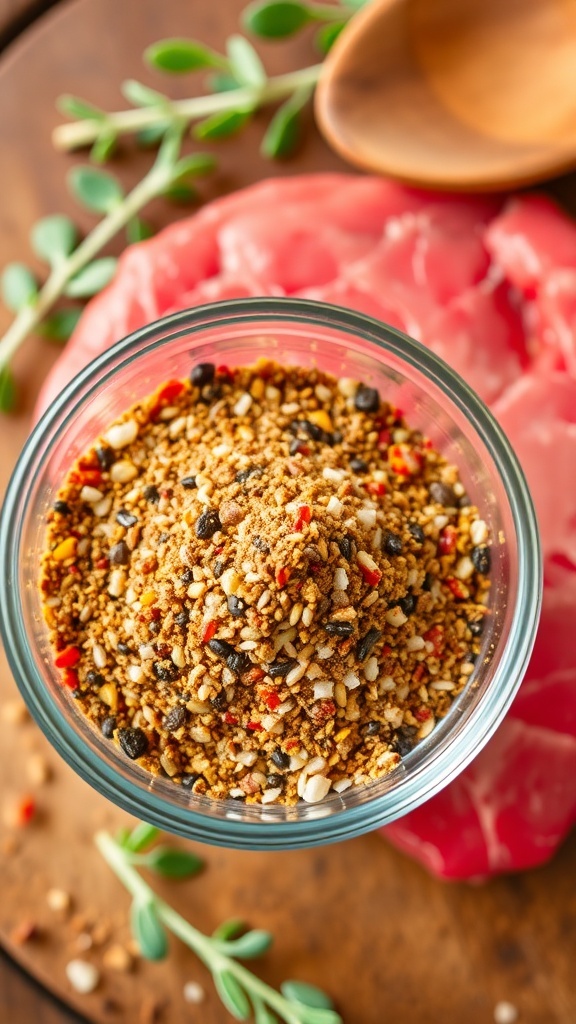A bowl of steak seasoning blend with raw steak and herbs in the background.